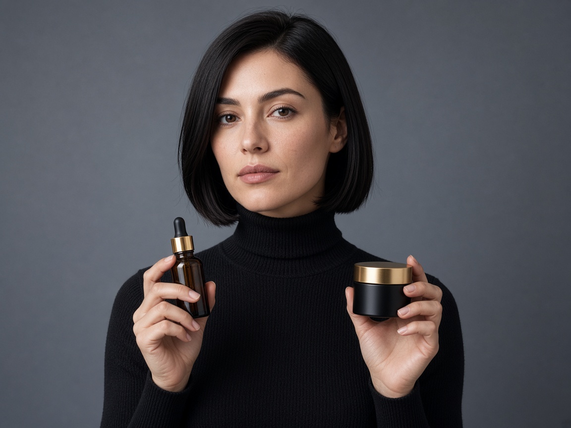 A woman in a black turtleneck holding a dropper bottle and a cream jar