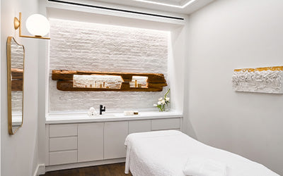 A bright treatment room with a white bed and a lit niche of skincare