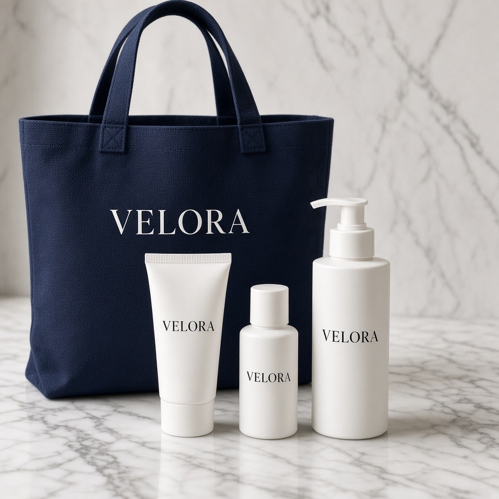 Velora products with a navy tote bag